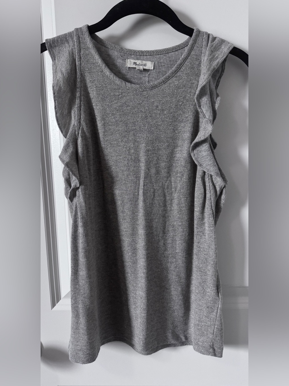 Madewell Gray Ribbed Knit Tank Ruffle Sleeve Gold Shimmer-Small
